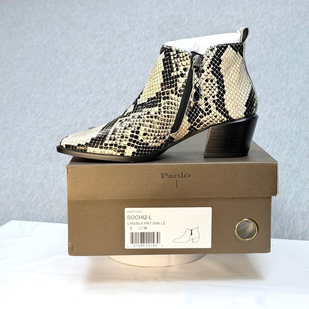 Line Paolo Sochi 2-L Snakeskin Print Leather Ankle Boots Cream Black 5.5 M